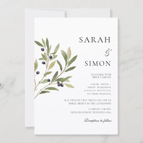 Olive Branch Watercolor Botanical Wedding  Invitation