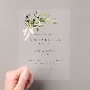 Olive Branch Watercolor Elegant Minimalist Wedding Acrylic Invitations