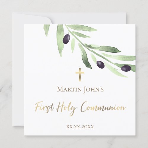 olive branch watercolor First Holy Communion Invitation