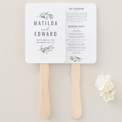 Olive branch watercolor painted wedding hand fan