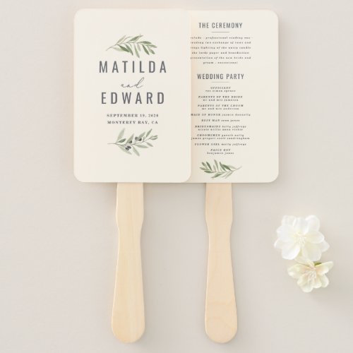 Olive branch watercolor painted wedding hand fan
