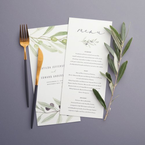 Olive branch watercolor painted wedding menu