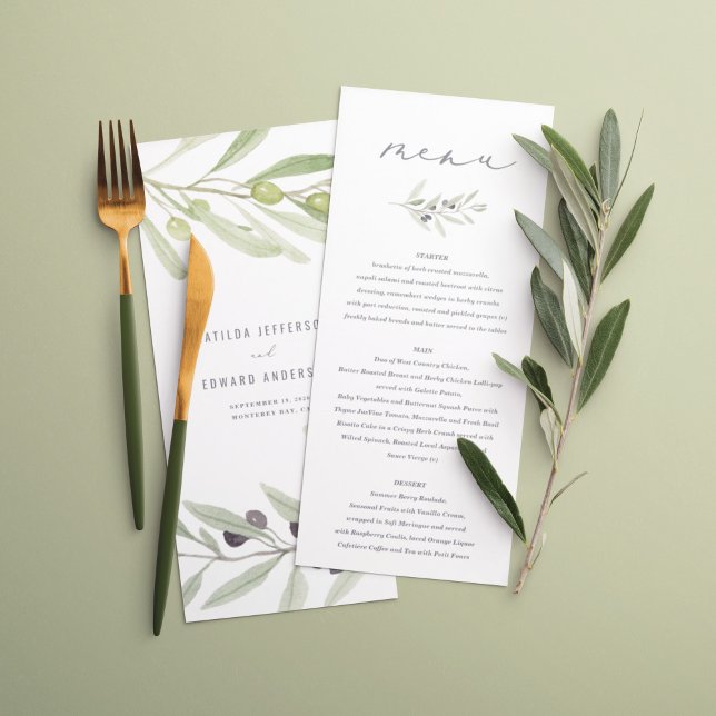 Olive branch watercolor painted wedding menu (Creator Uploaded)