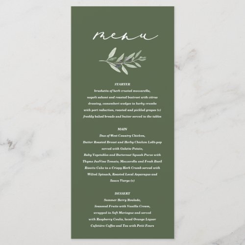 Olive branch watercolor painted wedding menu