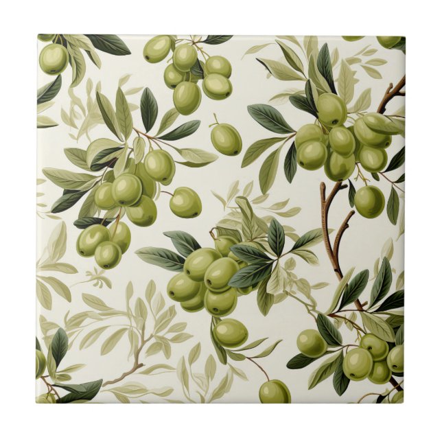 Olive Branch Watercolor Pattern Mediterranean Ceramic Tile (Front)
