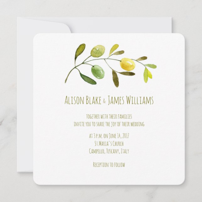Olive Branch watercolor wedding invitation card (Front)
