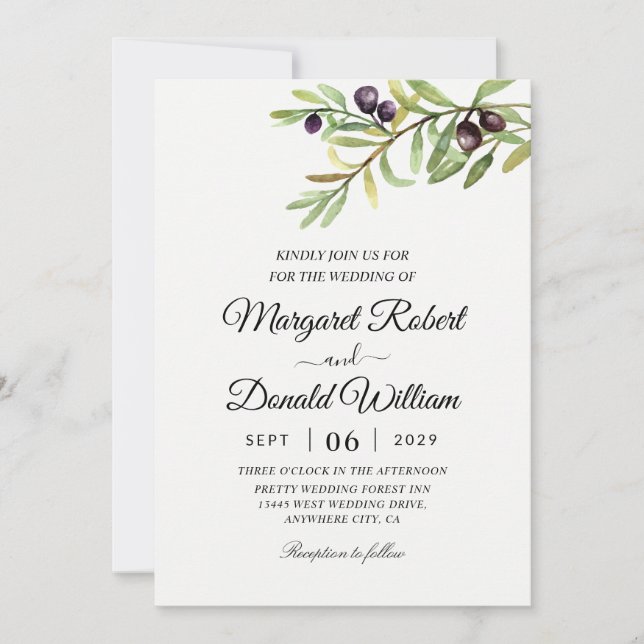 olive branch watercolor wedding invitations  (Front)