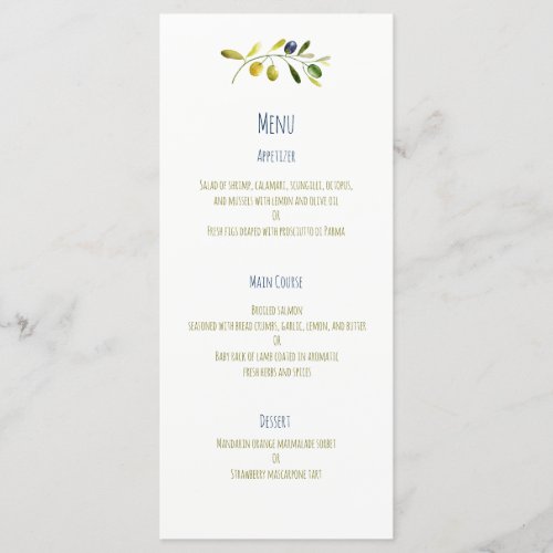Olive branch watercolor wedding menu