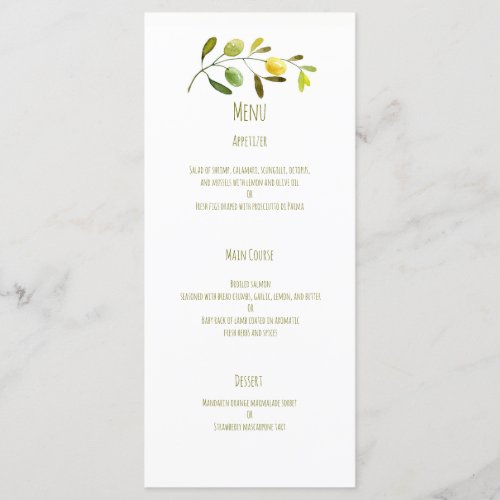 Olive branch watercolor wedding menu