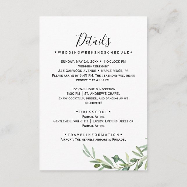 Olive Branch Wedding Details Card (Front)