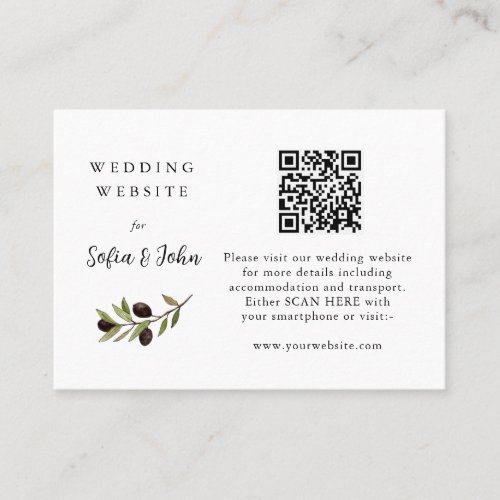 Olive branch Wedding details with QR code  Place Card
