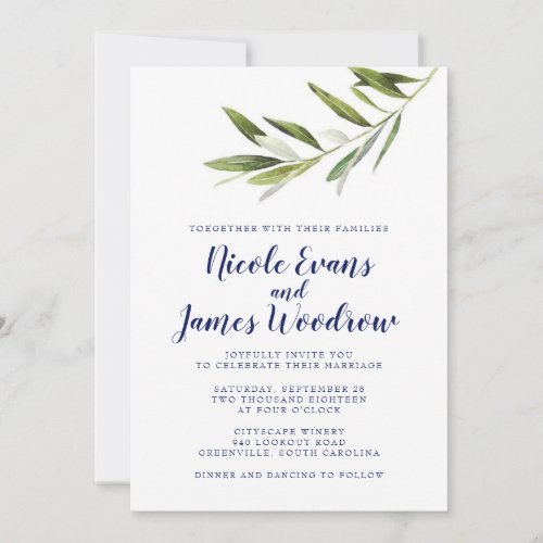 Olive Branch Wedding Invitation with Navy