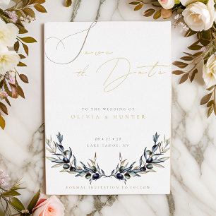 Olive Branch Wedding Save the Date White and Gold Foil Invitation