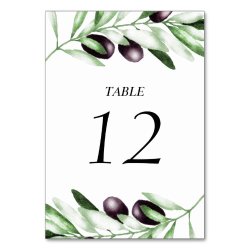 Olive Branch Wedding Table Number card