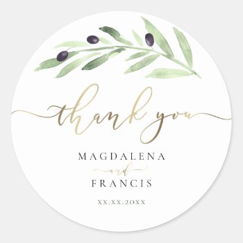 Olive Branch Wedding Thank You  Classic Round Sticker by amoredesign at Zazzle