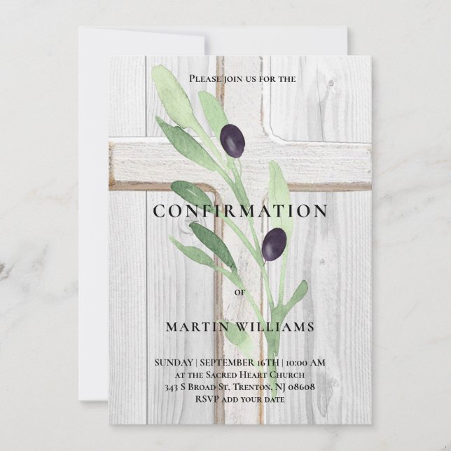Olive branch white wood Cross Confirmation  Invitation (Front)