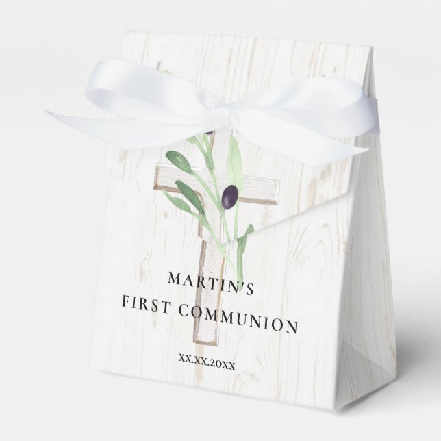 Olive branch white wood cross First Communion  Favor Boxes (Front Side)