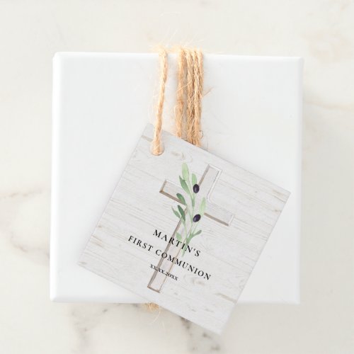 Olive branch white wood Cross First Communion Favor Tags