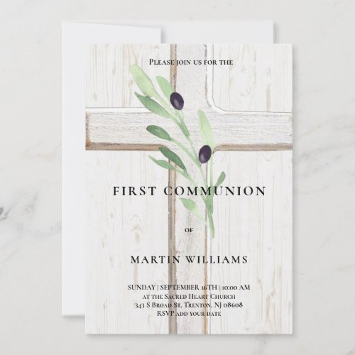 Olive branch wood Cross First Holy Communion Invit Invitation