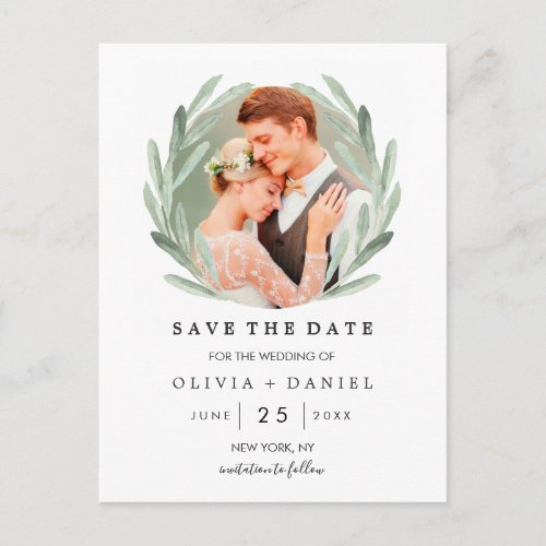 Olive Branch Wreath Classy Wedding Save the Date Announcement Postcard