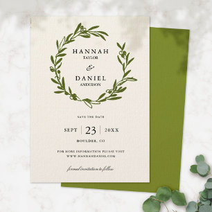 Olive Branch Wreath Save the Date card Ivory