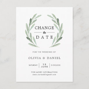 Olive Branch Wreath Wedding Change the Date Postcard