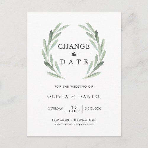 Olive Branch Wreath Wedding Change the Date Postcard