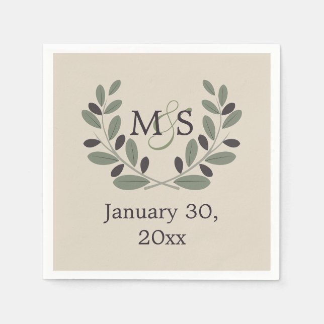 Olive branch wreath with initials wedding paper napkins (Front)
