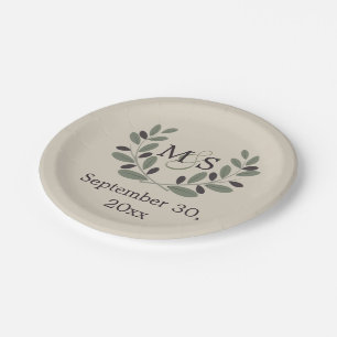Olive branch wreath with initials wedding paper plates