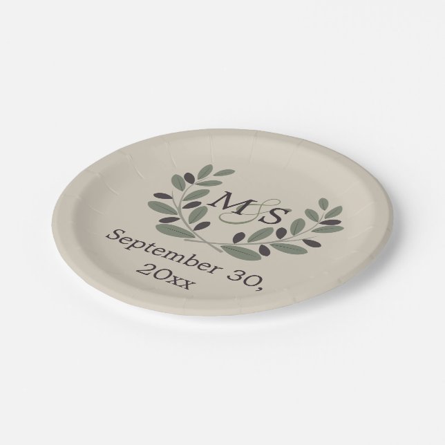 Olive branch wreath with initials wedding paper plates (Angled)