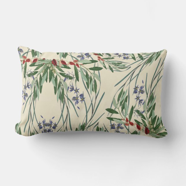 Olive Branches and Blue Flowers Lumbar Pillow (Front)