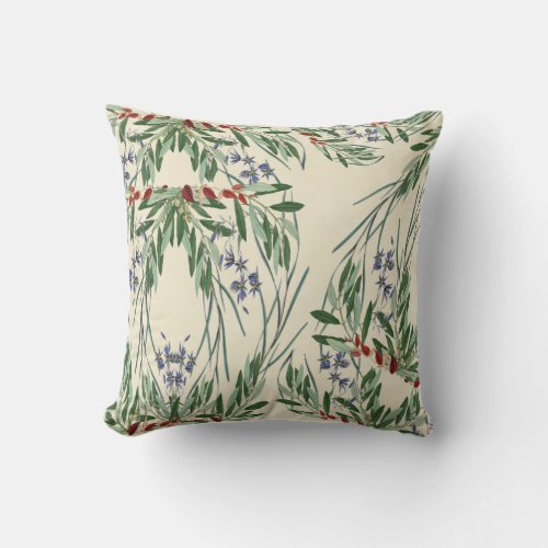 Olive Branches and Blue FlowersThrow Pillow 16x16