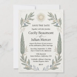 Olive Branches, Cypress Trees, Sun Motif, Ornate B Invitation