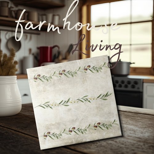 Olive  Branches Floral Blossoms Rustic Ceramic Tile