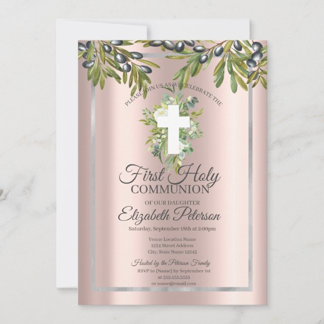 Olive Branches Floral Cross First Holy Communion  Invitation (Front)