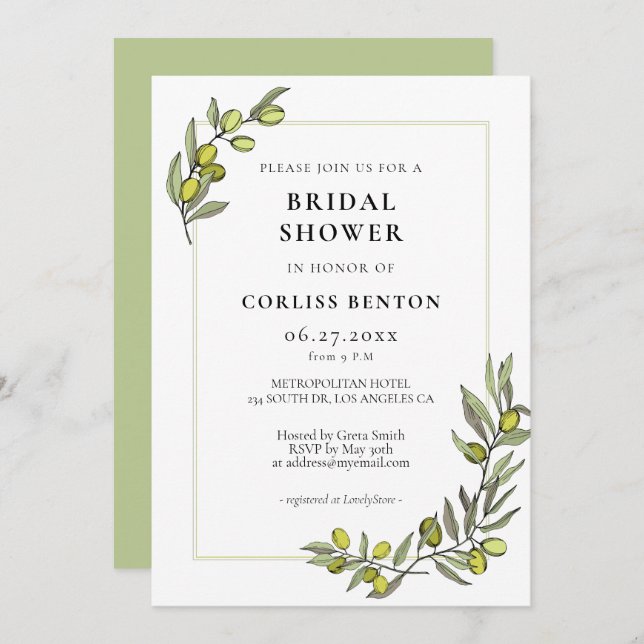 Olive branches frame Bridal shower Invitation (Front/Back)