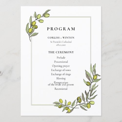 Olive branches frame double sided wedding program