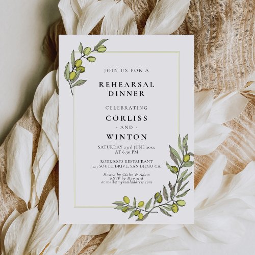 Olive branches frame rehearsal dinner Invitation