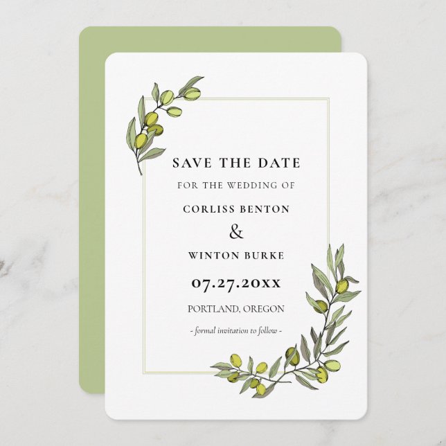 Olive branches frame Save the date Invitation (Front/Back)
