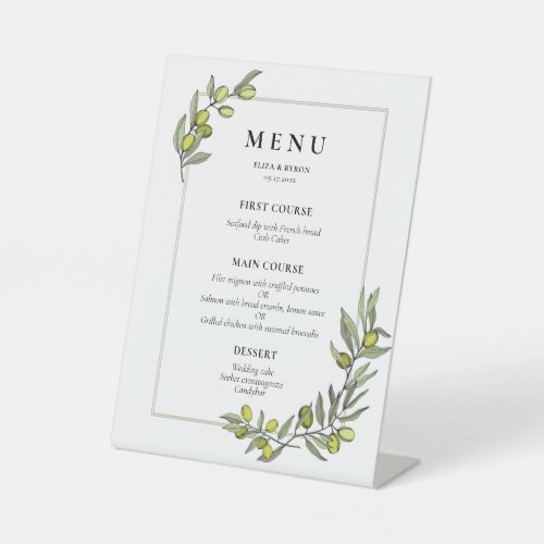 Olive branches frame wedding menu pedestal sign