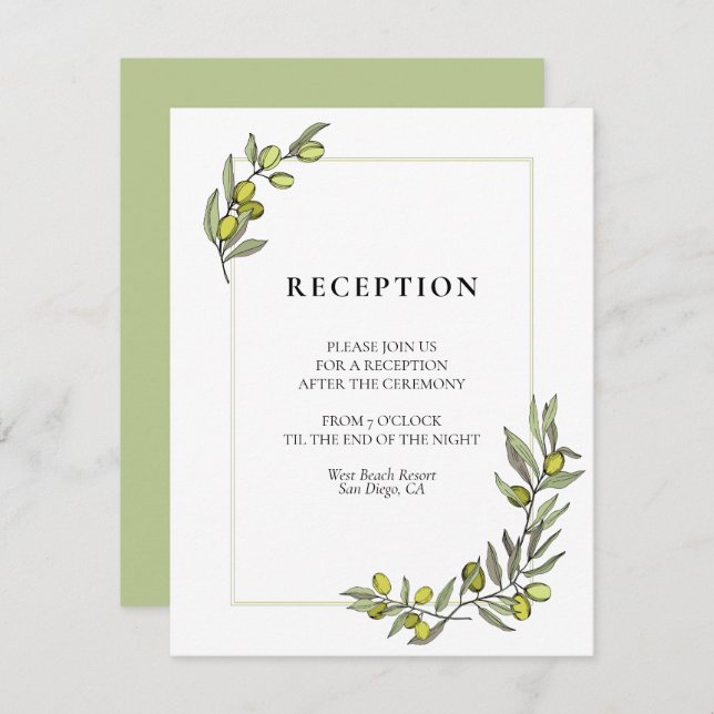 Olive branches frame wedding reception invitation (Front/Back)