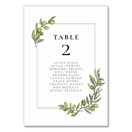 Olive branches frame wedding seating chart cards