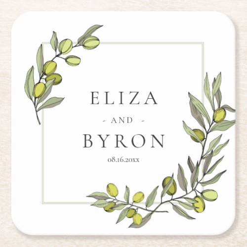 Olive branches frame wedding square paper coaster