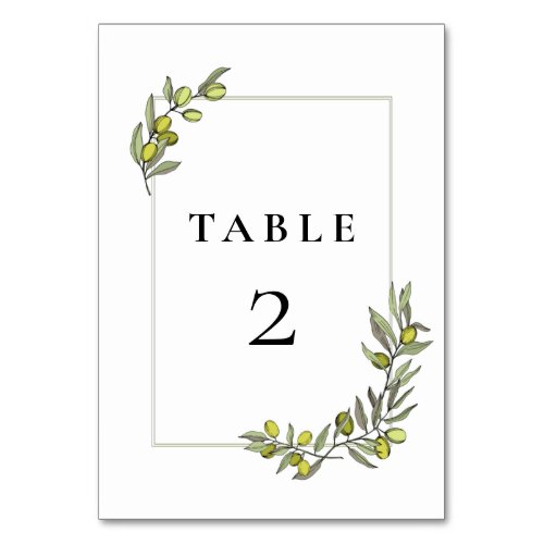 Olive branches frame wedding table number