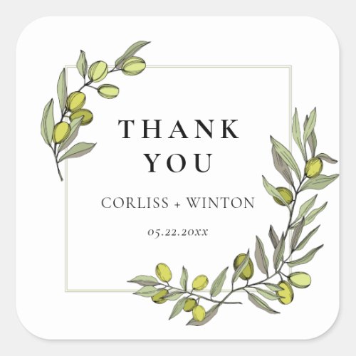 Olive branches frame wedding thank you square sticker