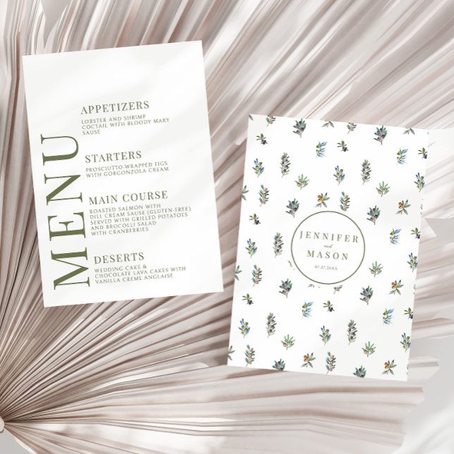Olive branches Greenery leaves wedding menu cards (Creator Uploaded)