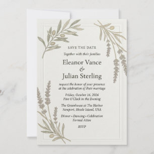 Olive Branches, Lavender Sprigs, Paneled Border Fr Invitation