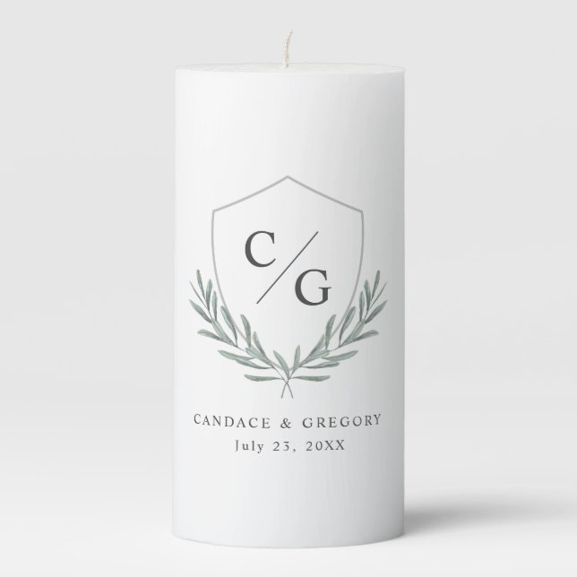 Olive Branches Monogram Crest Bride & Groom Pillar Candle (Front)