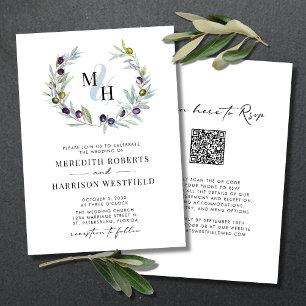 Olive Branches Monogram Wreath Wedding Invitation