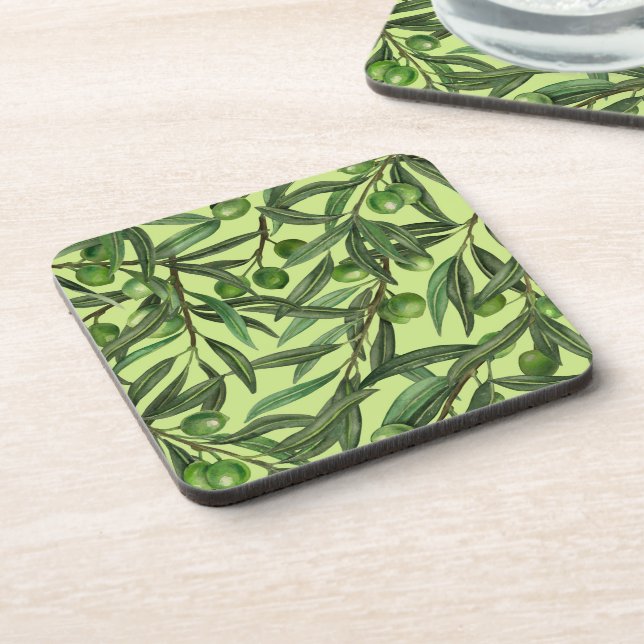 Olive branches on honeydew green beverage coaster (Left Side)